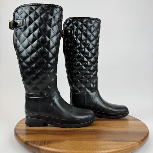 Womens Hunter Refined Gloss Black Quilted Tall Buckle Rain Boots Size 6 M - Picture 1 of 9